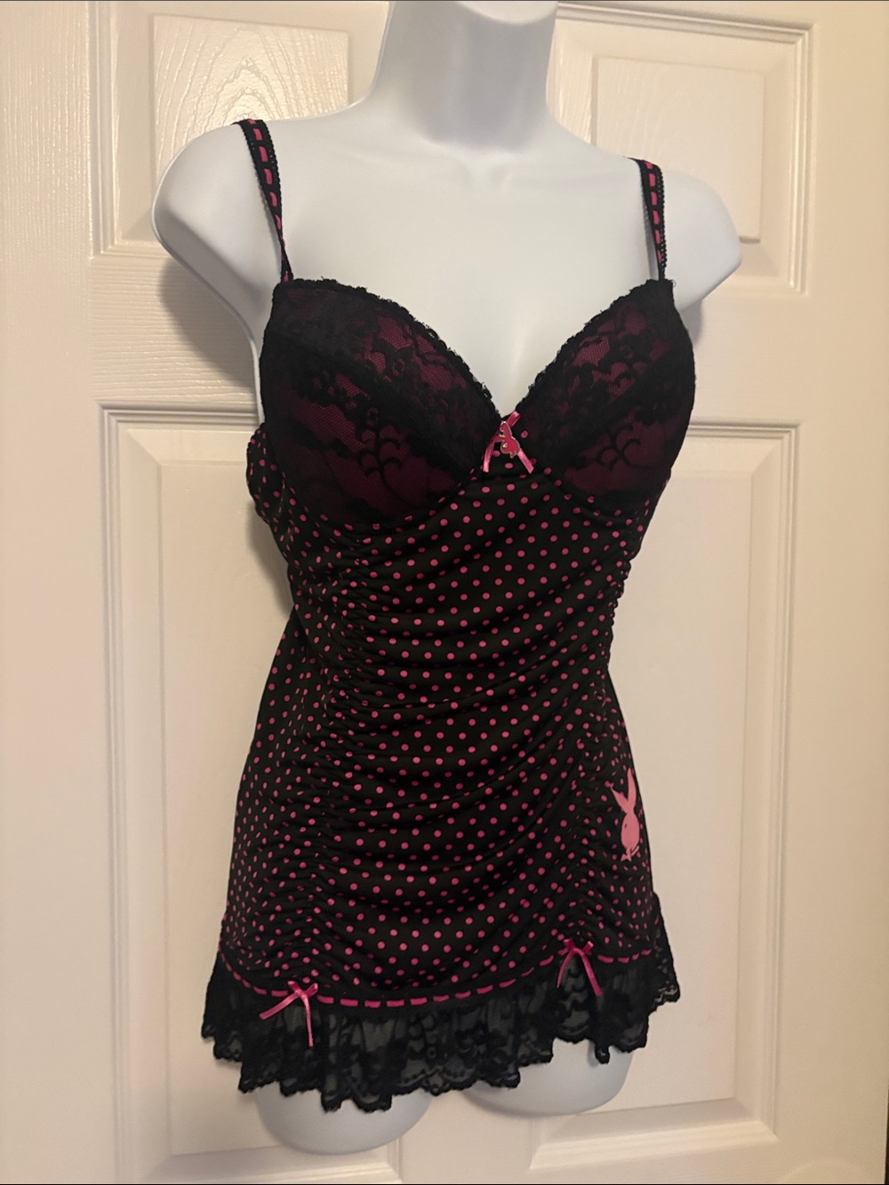 PLAYBOY Black and Hot Pink Polka Dot Lace Chemise with Bow Accents